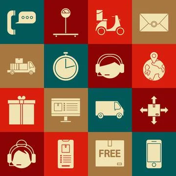 Set Mobile phone with app delivery tracking, Worldwide, Scooter, Stopwatch Illustrazione stock