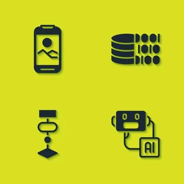Set Mobile phone, Artificial intelligence robot, Algorithm and Binary code icon Stock Illustration