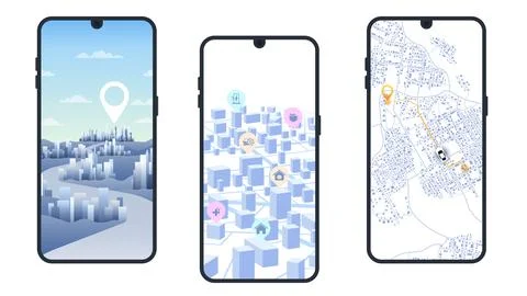 Set mobile phone with city map on the screen. Urban mobility, route optimiz. Stock Illustration