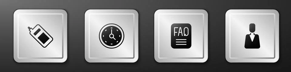 Set Mobile phone, Clock, FAQ information and Employee icon. Silver square b.. Stock-Illustration