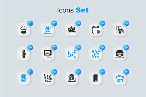 Set Mobile phone, Cloud database, Hologram, Computer vision, Futuristic wea.. Stock Illustration