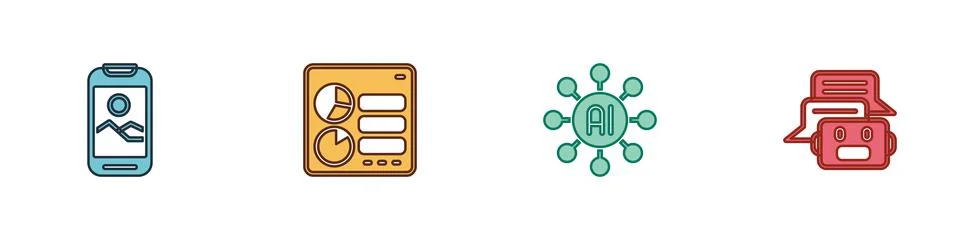 Set Mobile phone, Computer api interface, Neural network and Chat bot icon Illustrazione stock
