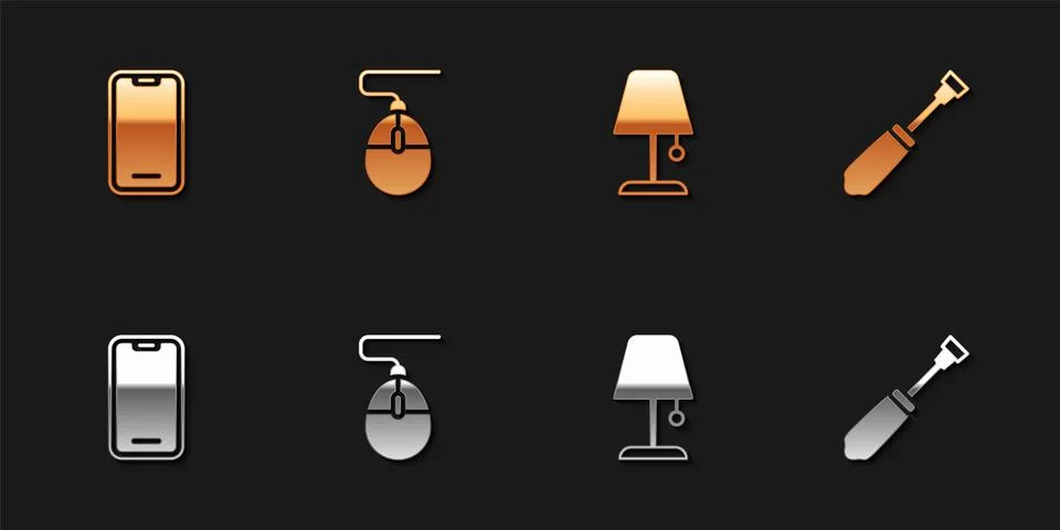 Set Mobile phone, Computer mouse, Table lamp and Screwdriver icon. Vector イラスト素材