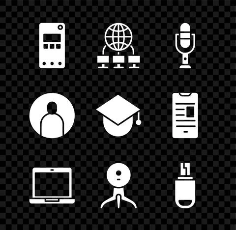 Set Mobile phone, Computer network, Microphone, Laptop, Web camera, USB flash Stock Illustration