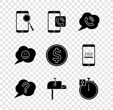Set Mobile phone diagnostics, call, Speech bubble with, Question, Open mail box Illustrazione stock