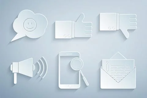 Set Mobile phone diagnostics, Dislike, Megaphone, Envelope, Hand thumb up and Stock Illustration