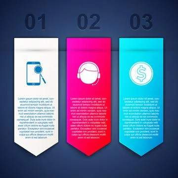 Set Mobile phone diagnostics, Man with headset and Coin money dollar. Business Illustrazione stock