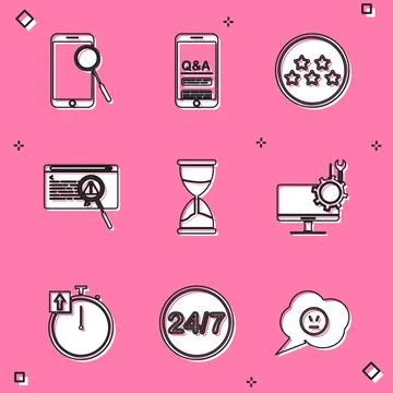 Set Mobile phone diagnostics, Question and Exclamation, Five stars rating review Illustrazione stock