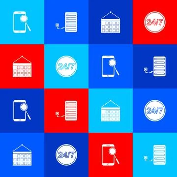 Set Mobile phone diagnostics, Server, Calendar and Clock 24 hours icon. Vector Illustrazione stock