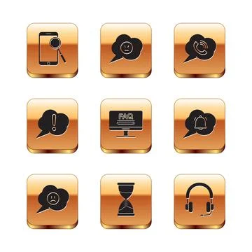 Set Mobile phone diagnostics, Speech bubble with sad smile, Hourglass, Monitor Illustrazione stock