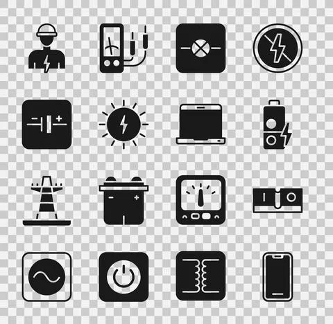 Set Mobile phone, Electric light switch, Battery charge, Lamp in electronic Illustrazione stock