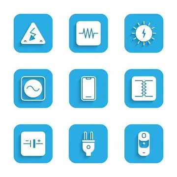 Set Mobile phone, Electric plug, Battery charge, Electrical transformer, DC v Stock Illustration