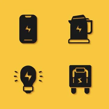 Set Mobile phone, Electrical panel, Creative lamp light idea and kettle icon Stock Illustration
