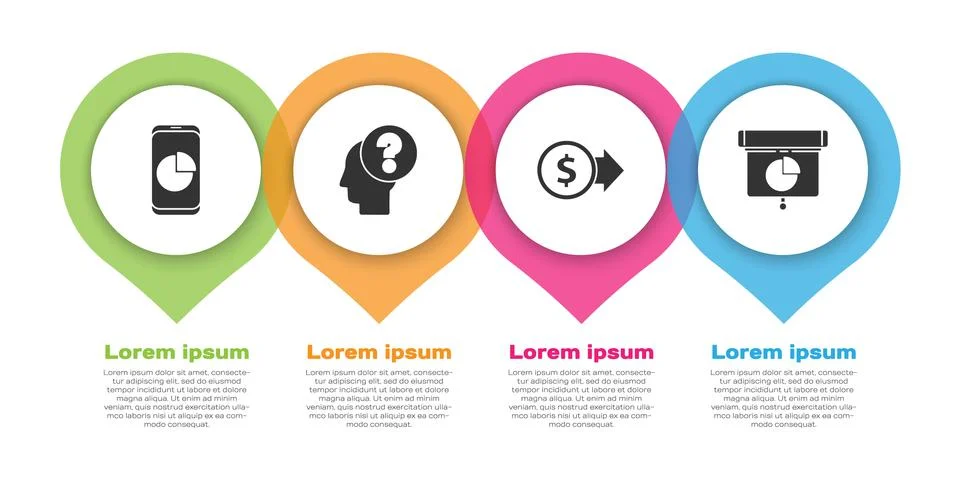 Set Mobile phone with graph chart, Human head with question mark, Coin money Stock Illustration