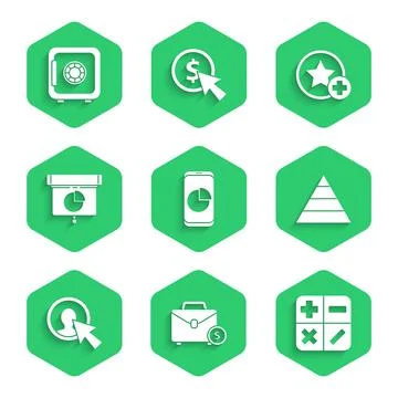 Set Mobile phone with graph chart, Briefcase and money, Calculator, Pyramid i Stock-Illustration