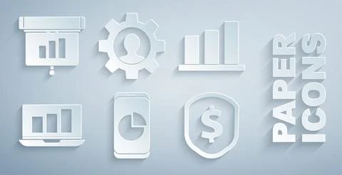 Set Mobile phone with graph chart, Pie infographic, Laptop, Shield dollar, Human Stock Illustration