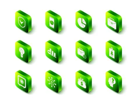 Set Mobile phone with graph chart, Pie infographic, Briefcase, Identificati.. Stock Illustration