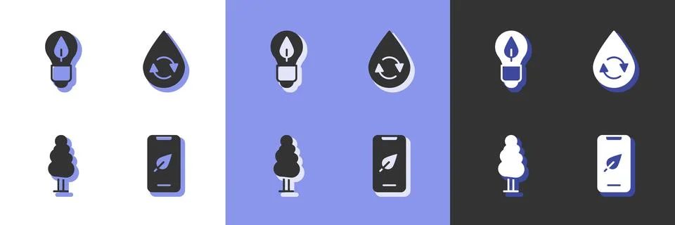 Set Mobile phone with leaf, Light bulb, Tree and Recycle clean aqua icon. Vector Stock Illustration