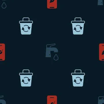 Set Mobile phone with leaf, Water tap and Recycle bin on seamless pattern Stock Illustration