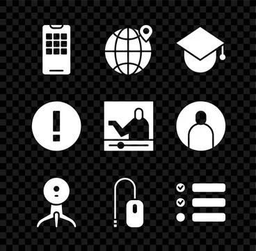 Set Mobile phone, Location the globe, Graduation cap, Web camera, Computer mo Illustrazione stock
