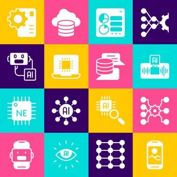 Set Mobile phone, Neural network, Artificial intelligence AI, Computer api Illustrazione stock