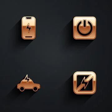 Set Mobile phone, Power button, Electric car and No lightning icon with long Stock Illustration