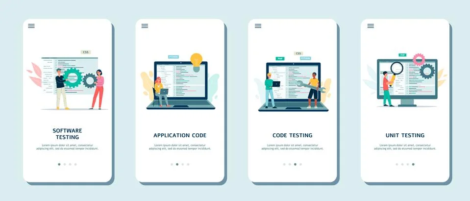 Set of mobile phone screens with programmers making software and code testing Stock Illustration