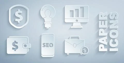 Set Mobile phone SEO optimization, Monitor with graph chart, Wallet dollar Stock-Illustration