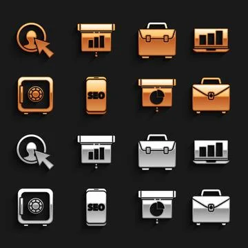 Set Mobile phone SEO optimization, Laptop with graph chart, Briefcase, Grap.. Stock-Illustration