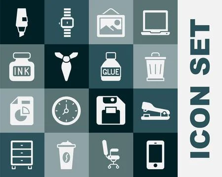 Set Mobile phone, Stapler, Trash can, Picture landscape, Tie, Inkwell, Marker Illustrazione stock