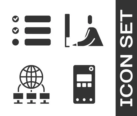 Set Mobile phone, Task list, Computer network and Student working at laptop icon Stock Illustration