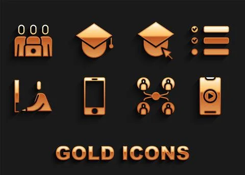 Set Mobile phone, Task list, Online play video, class, Student working at laptop Stock Illustration