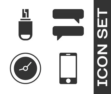 Set Mobile phone, USB flash drive, Clock and Speech bubble chat icon. Vector Stock Illustration