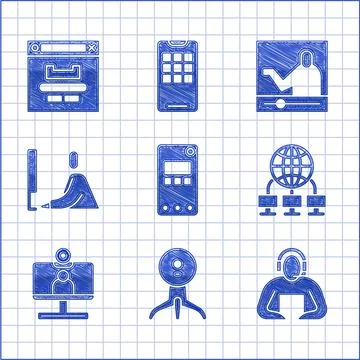 Set Mobile phone, Web camera, Student, Computer network, Video chat conference 스톡 일러스트