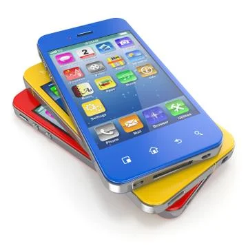 Set of mobile phones with touchscreen. 3d Stock Illustration