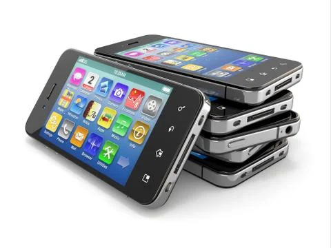 Set of mobile phones with touchscreen. 3d Stock Illustration