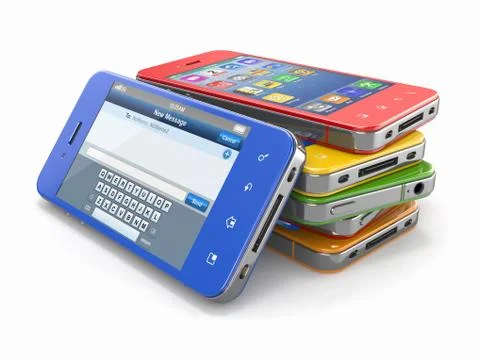 Set of mobile phones with touchscreen. 3d Stock Illustration