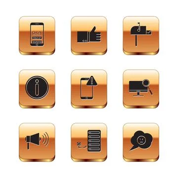 Set Mobile Question and Exclamation, Megaphone, Server, with exclamation mark Stock Illustration