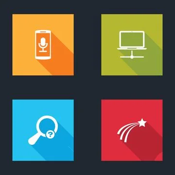Set Mobile recording, Computer network, Unknown search and Falling star icon. Stock Illustration