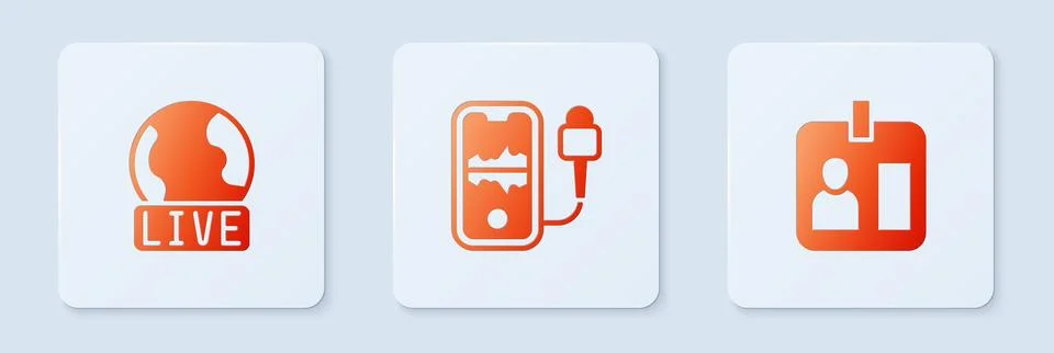 Set Mobile recording, Live report and Journalist id card. White square button Stock Illustration