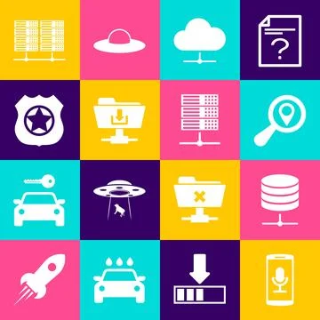 Set Mobile recording, Server, Data, Web Hosting, Search location, Network cloud Stock Illustration