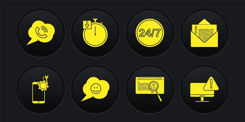 Set Mobile service, Envelope, Speech bubble with smile face, System bug concept Illustrazione stock