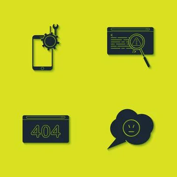 Set Mobile service, Speech bubble with angry smile, Page 404 error and System Stock Illustration