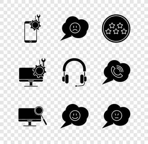 Set Mobile service, Speech bubble with sad smile, Five stars rating review Stock Illustration
