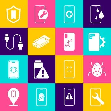 Set Mobile service, System bug, Phone repair, Glass screen protector, USB cable Illustrazione stock
