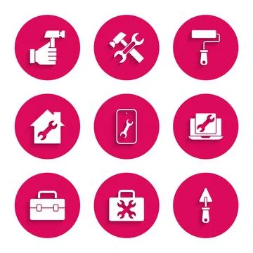 Set Mobile service, Toolbox, Trowel, Laptop, House repair, Paint roller bru.. Stock Illustration