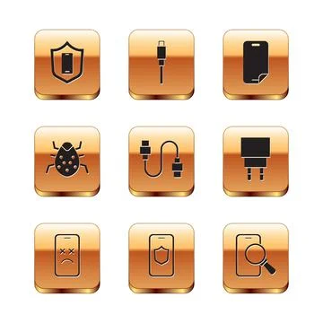 Set Mobile with shield, Dead mobile, USB cable cord, System bug, Glass screen 스톡 일러스트