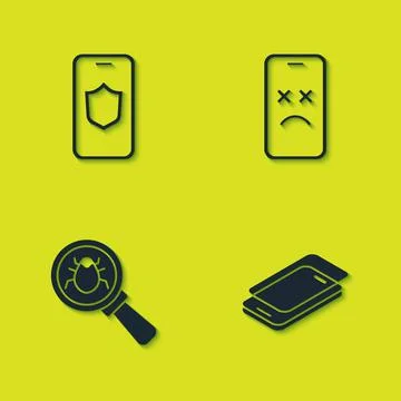 Set Mobile with shield, Glass screen protector, System bug and Dead mobile icon Illustrazione stock