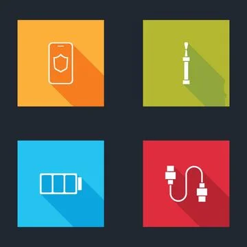 Set Mobile with shield, Screwdriver, Battery and USB cable cord icon. Vector Stock Illustration