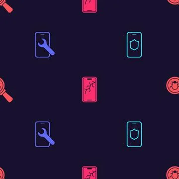 Set Mobile with shield, service, broken screen and System bug on seamless Stockillustratie